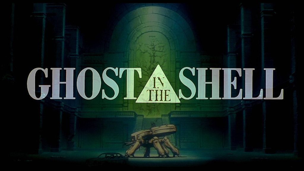 Ghost in the Shell wallpaper with mechanical spider tank and green cyberpunk city ruins background