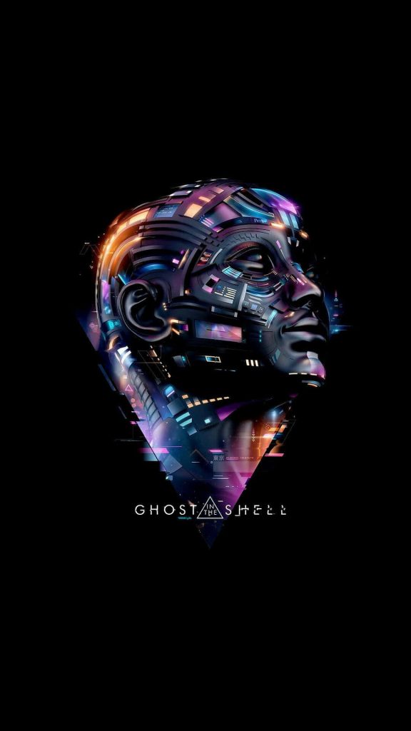 Cybernetic human head glowing neon blue magenta amber against black Ghost in the Shell wallpaper