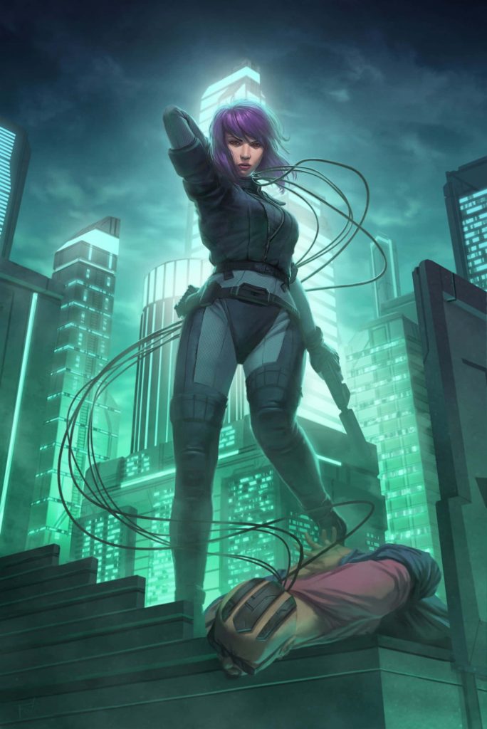 Major Motoko Kusanagi in neon green light stands over defeated cyborg in cyberpunk cityscape wallpaper