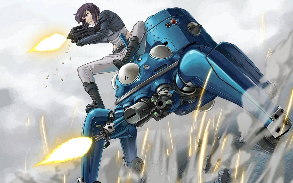 Major Motoko Kusanagi rides blue Tachikoma in intense Ghost in the Shell cyberpunk action wallpaper