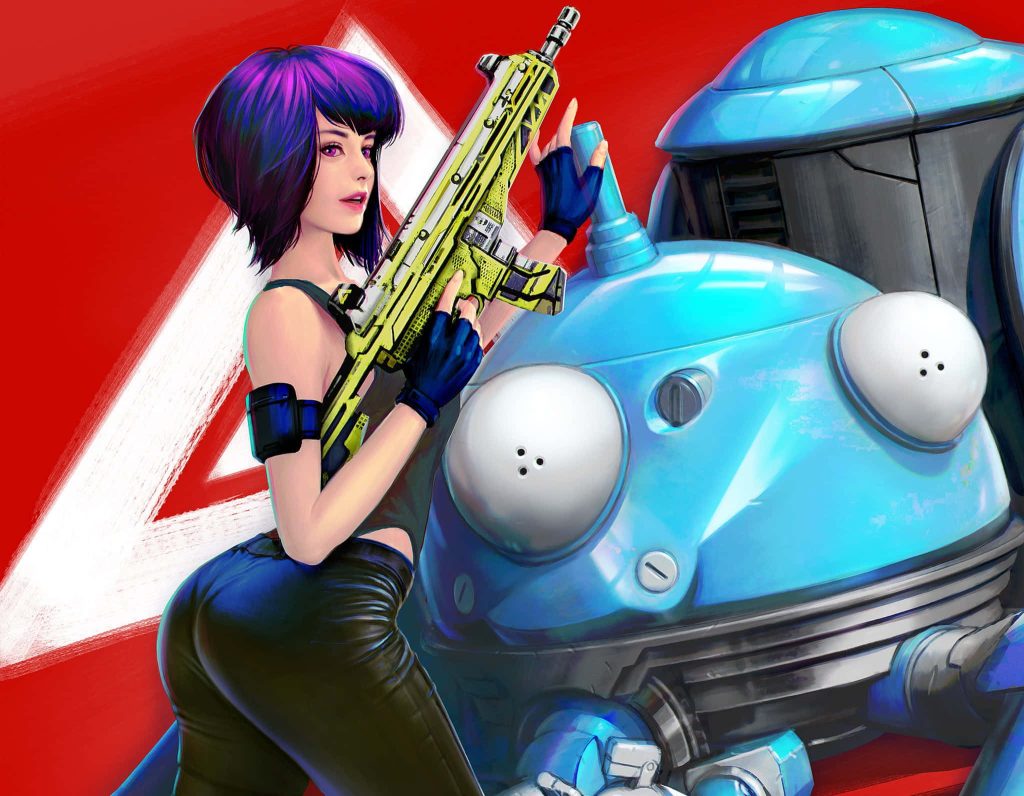 Ghost in the Shell Major Motoko Kusanagi with yellow rifle and blue Tachikoma on red background Wallpaper
