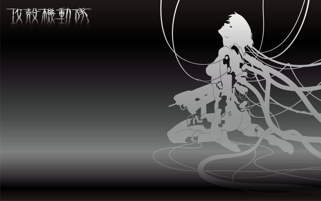 Ghost in the Shell wallpaper with minimal Major Motoko Kusanagi silhouette and tech-noir wires