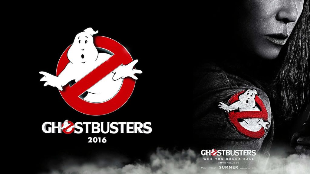 Ghostbusters 2016 reboot wallpaper with No-Ghost logo and team member in flight suit background