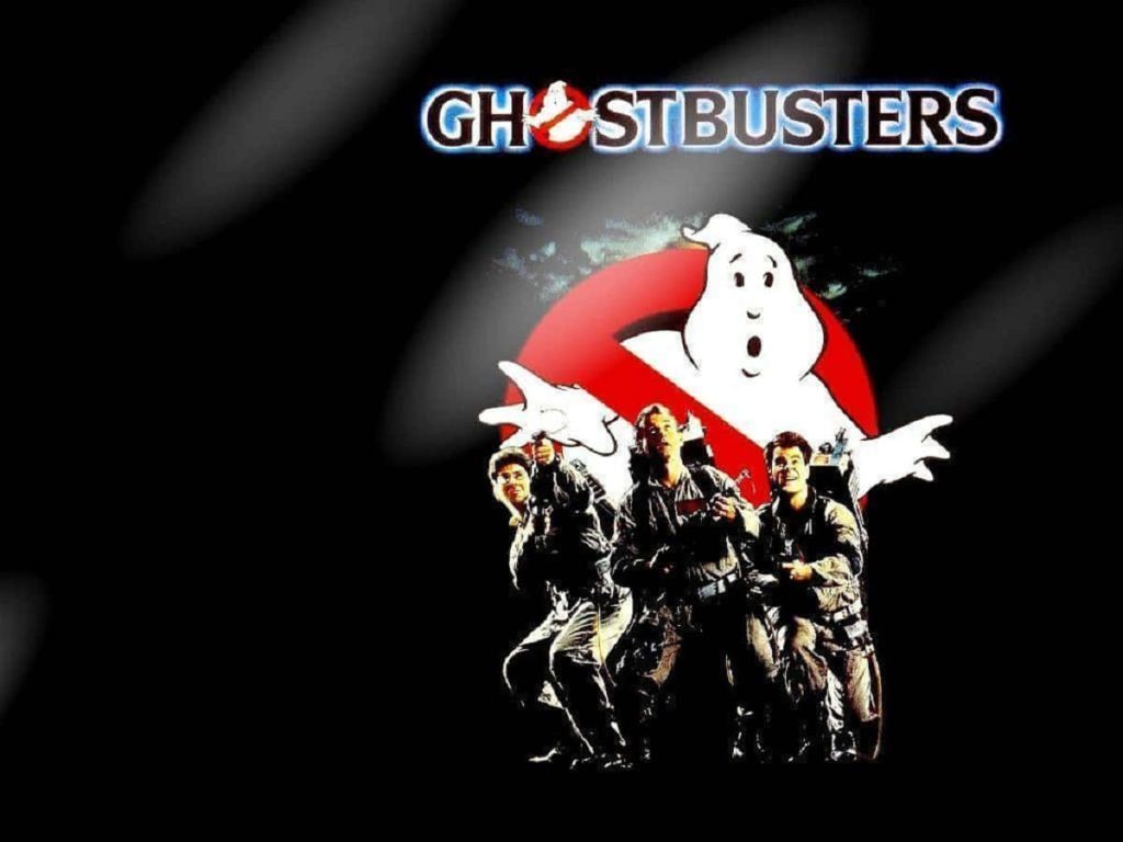 Ghostbusters wallpaper showing No-Ghost logo above Venkman Ray and Egon with proton packs