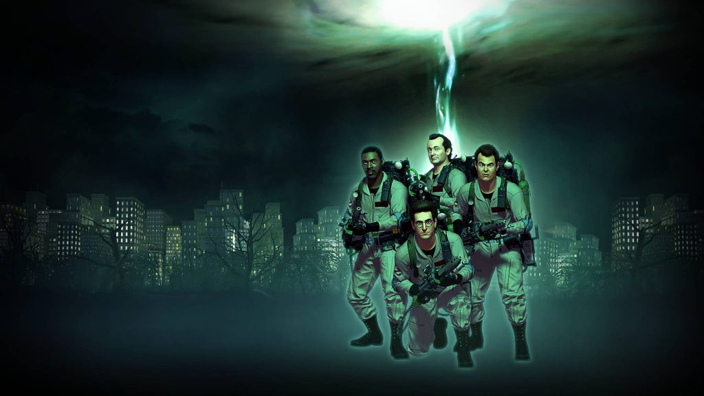 Ghostbusters team with proton packs under green spectral sky over dark city skyline CGI wallpaper
