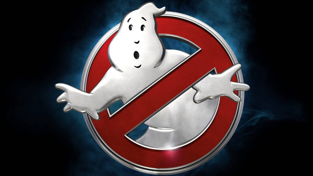 Metallic 3D Ghostbusters No Ghost logo with blue smoke on dark cinematic desktop wallpaper