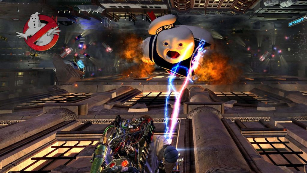 First-person view of Ghostbusters fighting giant Stay Puft Marshmallow Man on city rooftop at night Wallpaper