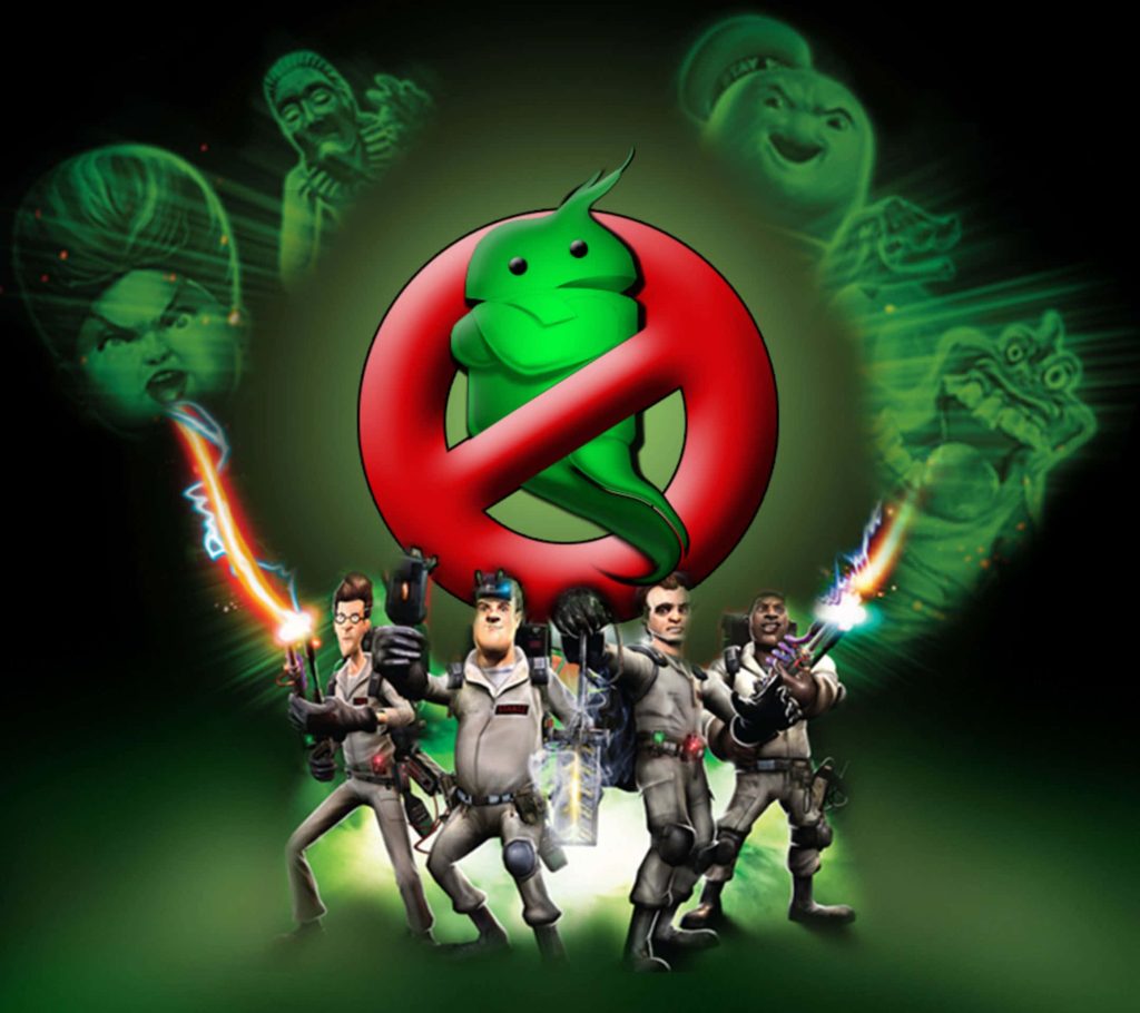 Action-packed Ghostbusters video game team with proton packs and Android mascot logo wallpaper