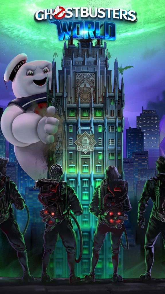 Ghostbusters World wallpaper with heroes facing Gozers Tower and giant Stay Puft Marshmallow Man