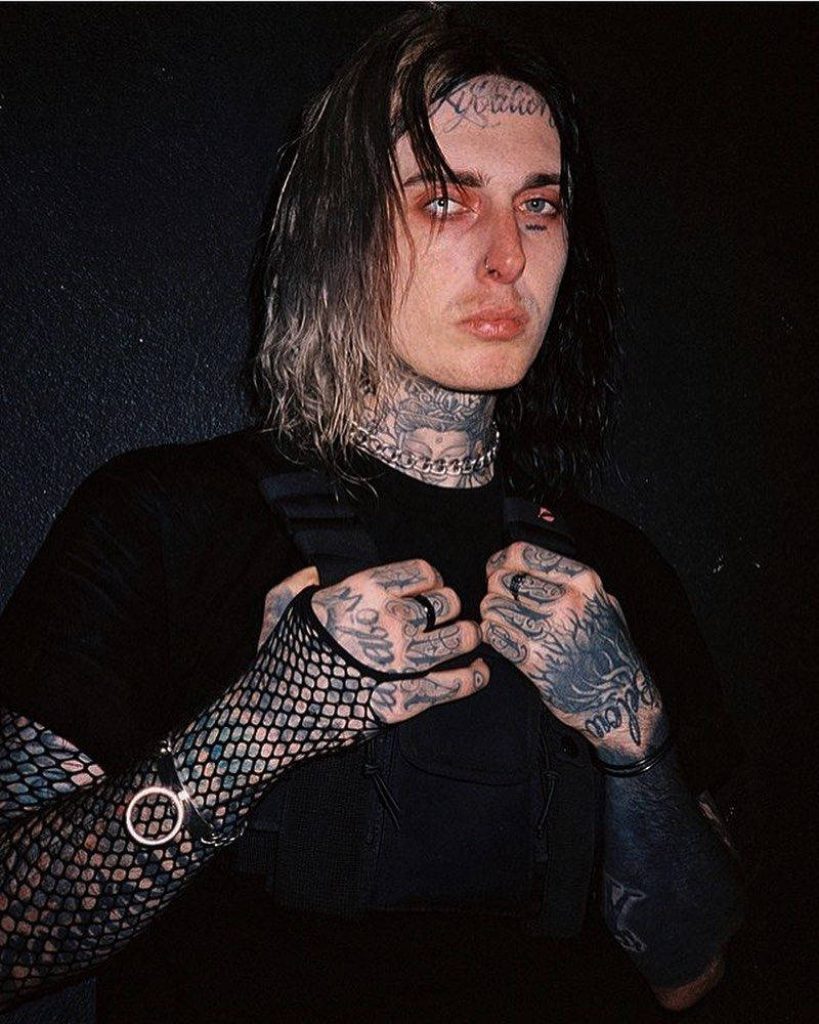 Ghostemane dark alternative rapper high contrast portrait face tattoos fishnet sleeve wallpaper