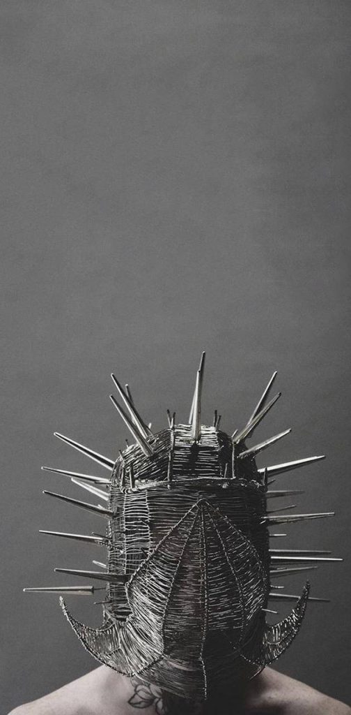 Ghostemane in spiked wire helmet gritty monochrome industrial portrait gothic wallpaper background