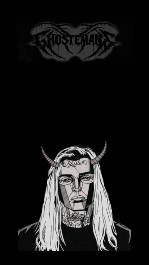 Greyscale low-poly Ghostemane portrait with horns tattoos and logo on black mobile wallpaper background