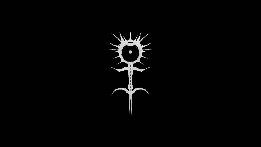 Minimalist Ghostemane sigil wallpaper with white occult emblem and vertical artist name on black background