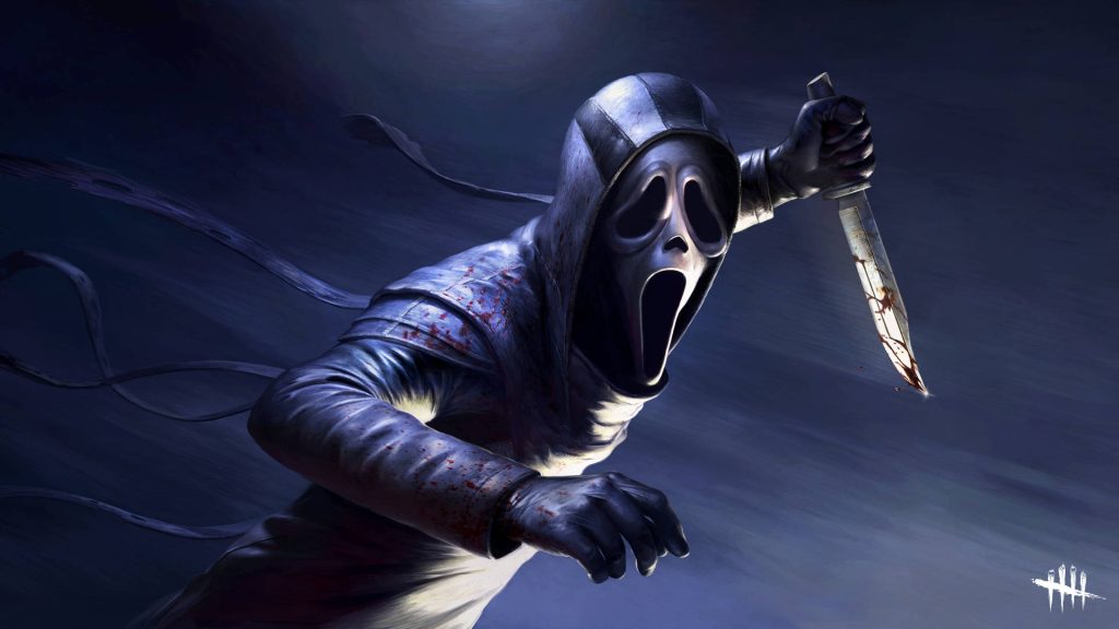 Ghostface from Dead by Daylight lunging with bloodied knife in dark horror wallpaper background