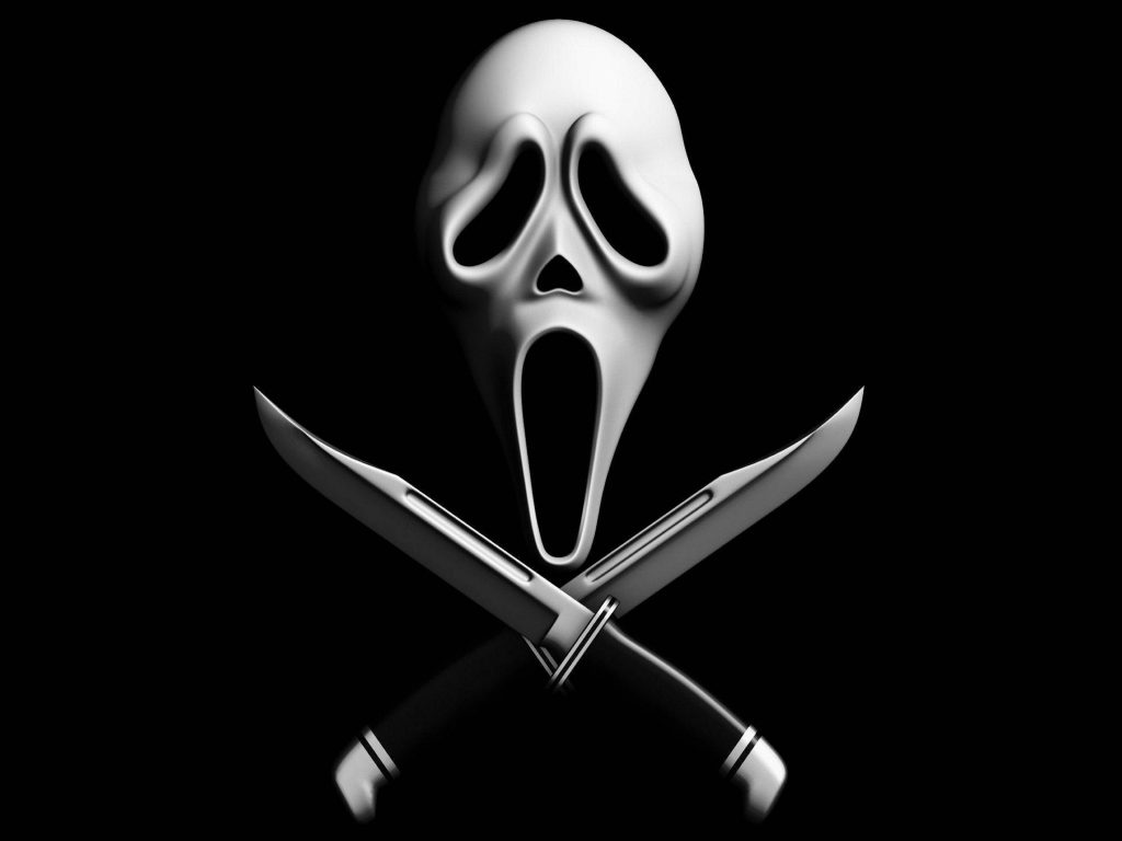 Ghostface mask and crossed silver knives skull design digital wallpaper Scream franchise