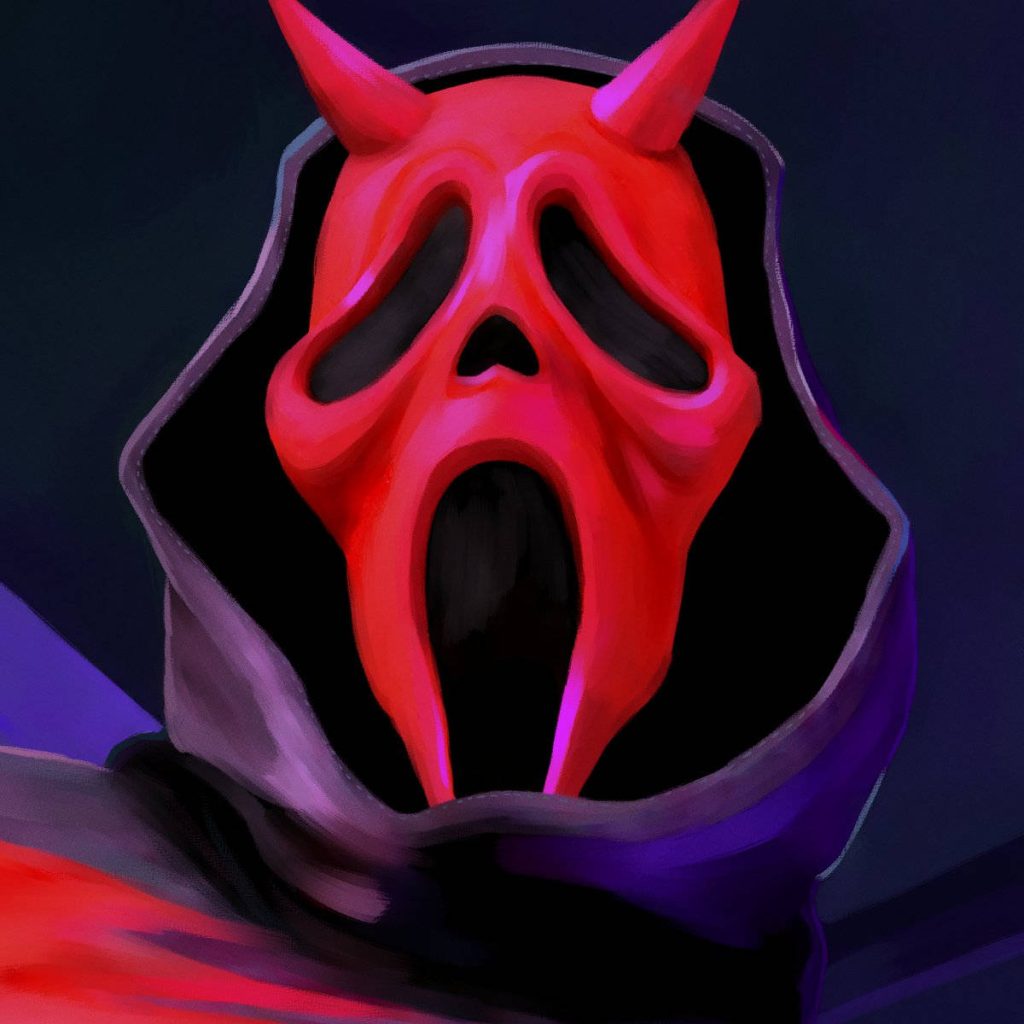 Ghostface from Scream with red mask and devil horns dark moody hood horror wallpaper