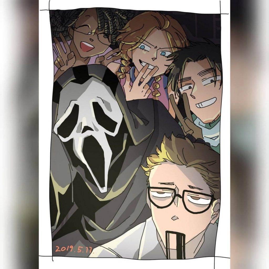 Anime-style Ghostface Scream character taking a fun selfie with friends in retro Polaroid style Wallpaper