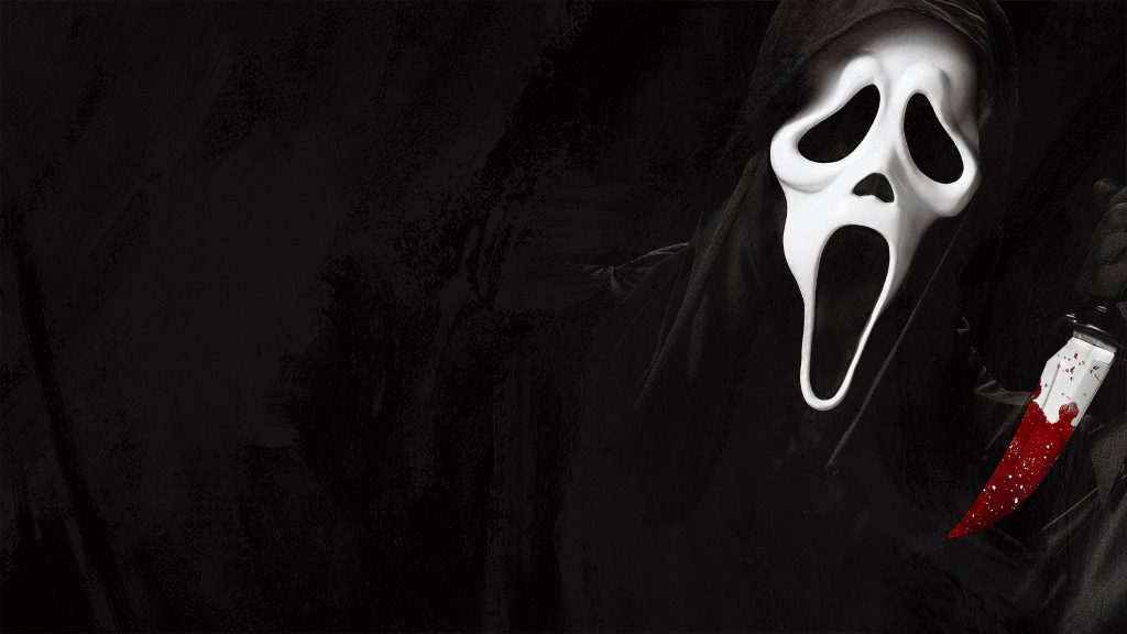Ghostface from Scream horror with blood-stained knife on dark textured background wallpaper