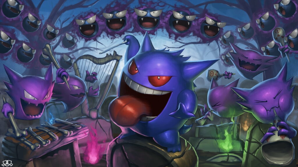 Ghostly Trio: Haunter, Gengar, and Gastly – An Anime HD Wallpaper Background Photo featuring Powerful Pokémon