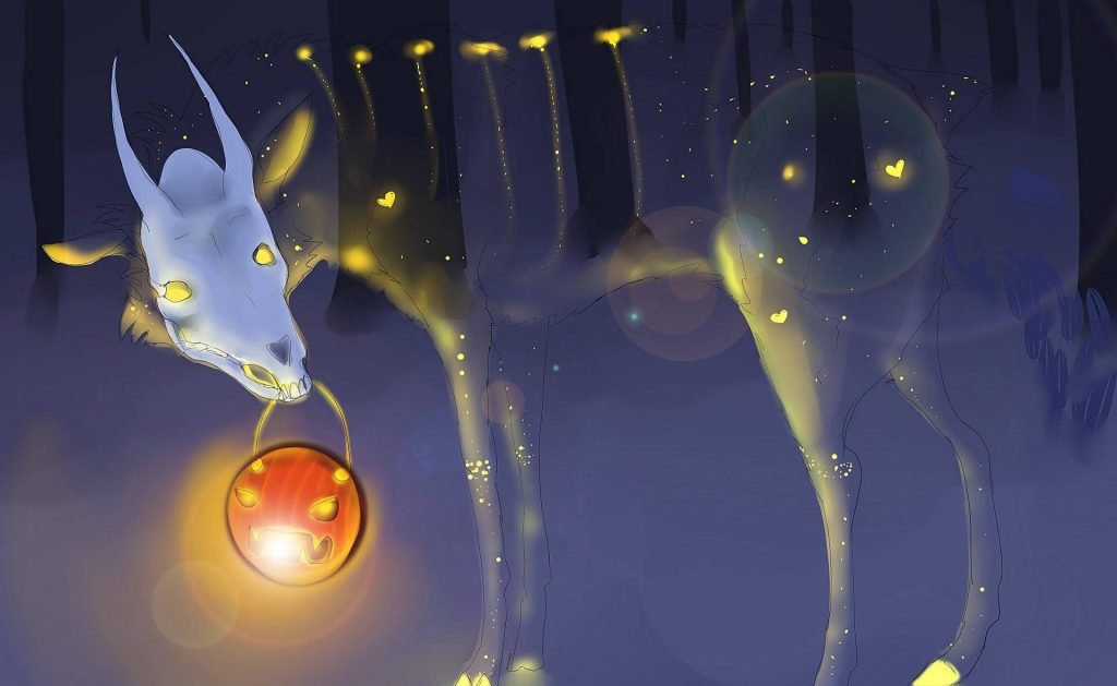 Whimsical horned ghost with glowing yellow markings holding jack o lantern in dark forest Wallpaper