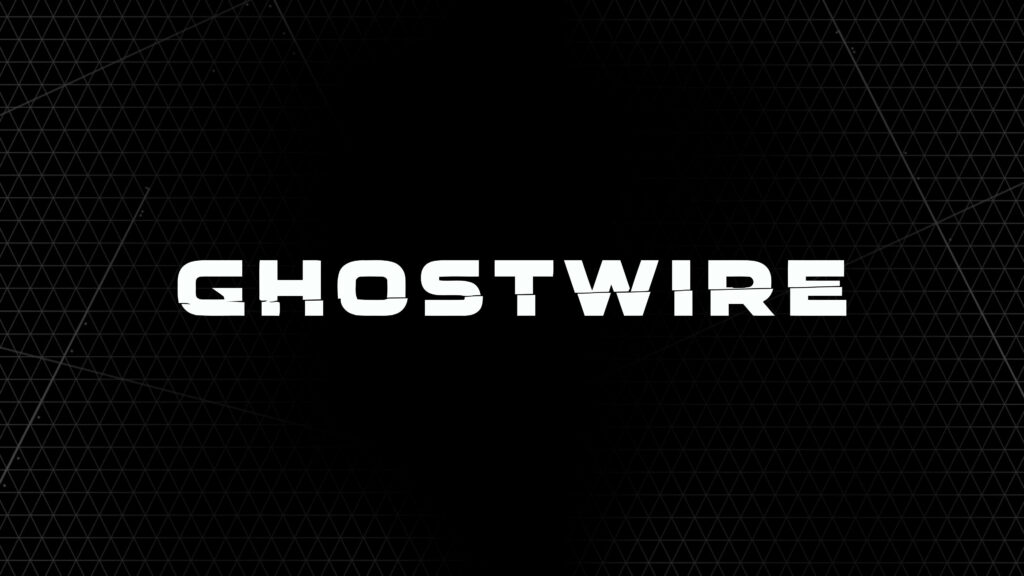 Ghostwire Tokyo wallpaper with bold white title on dark geometric background modern design
