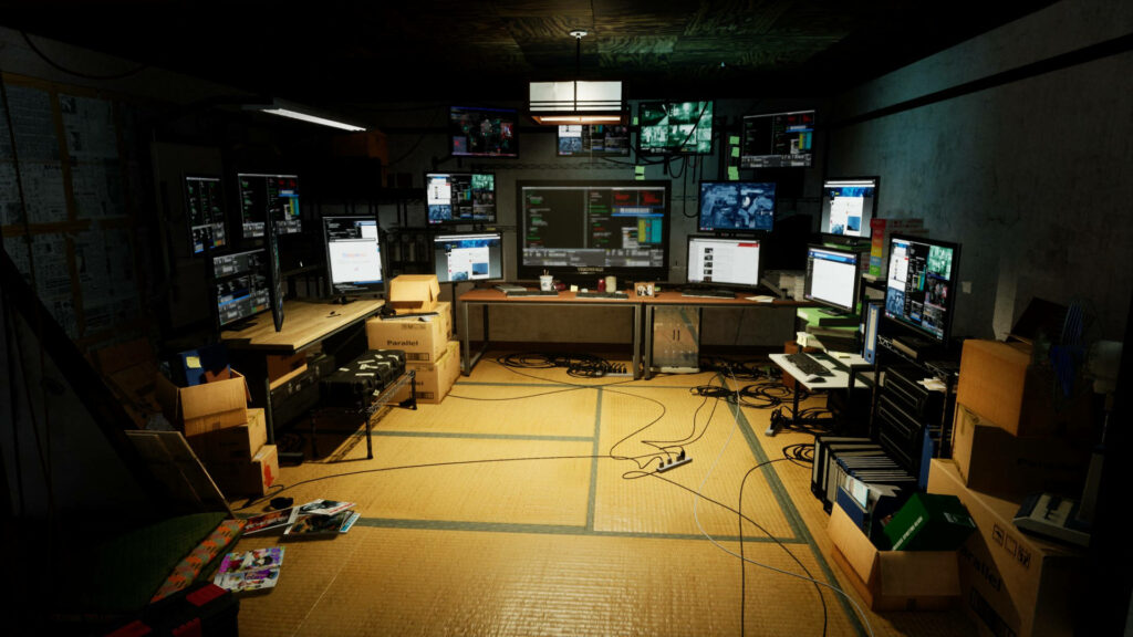 Ghostwire Tokyo base wallpaper high tech command center with monitors cables and urban adventure