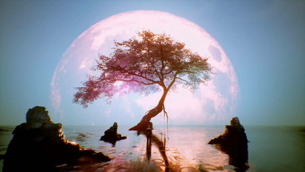 Ghostwire Tokyo wallpaper full moon glowing tree silhouette reflected on calm water with rocks