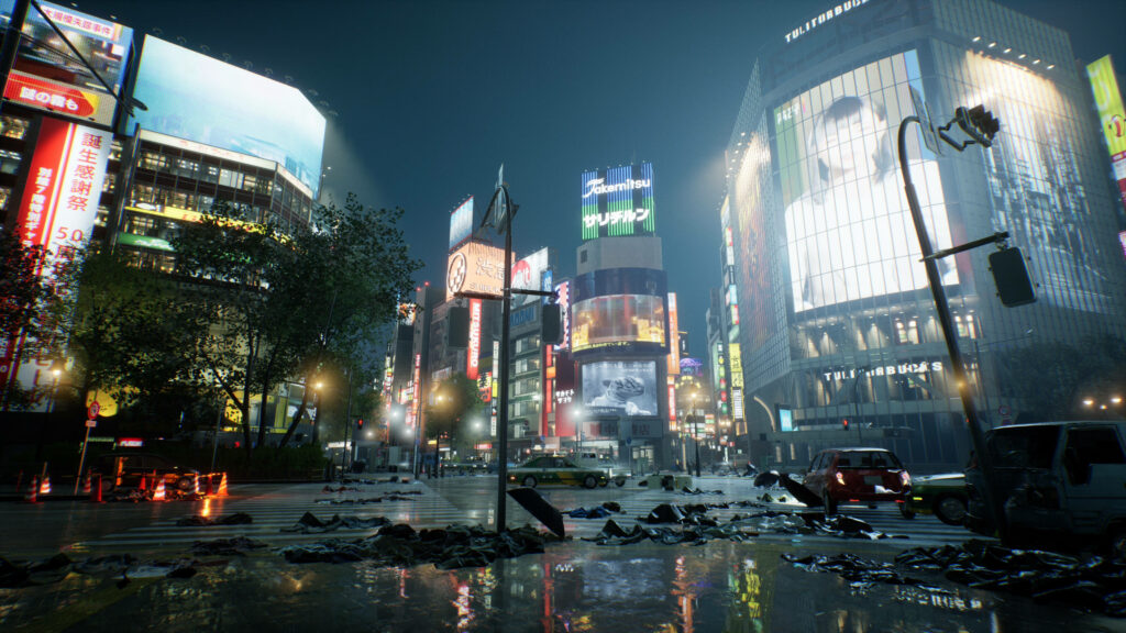 Ghostwire Tokyo deserted neon city intersection with rain-soaked streets and scattered clothes Wallpaper