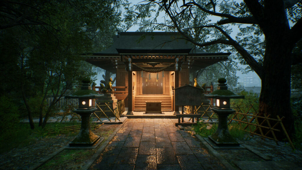 Ghostwire Tokyo wallpaper illuminated shrine lush trees lanterns warm glow stone path night