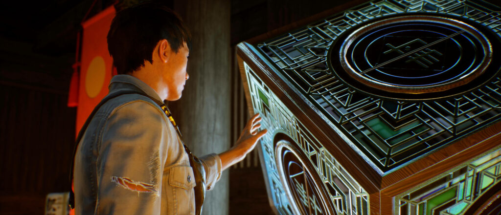 Ghostwire Tokyo character reaching for glowing green box with mystical patterns wallpaper background