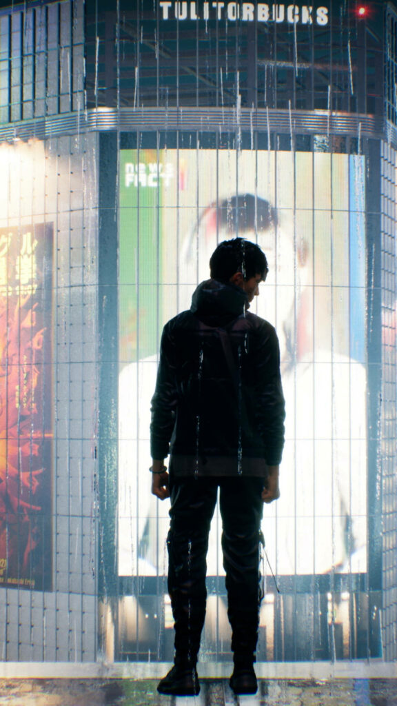 Mysterious figure in dark outfit stands in rainy neon-lit Tokyo streets Ghostwire Tokyo KK wallpaper