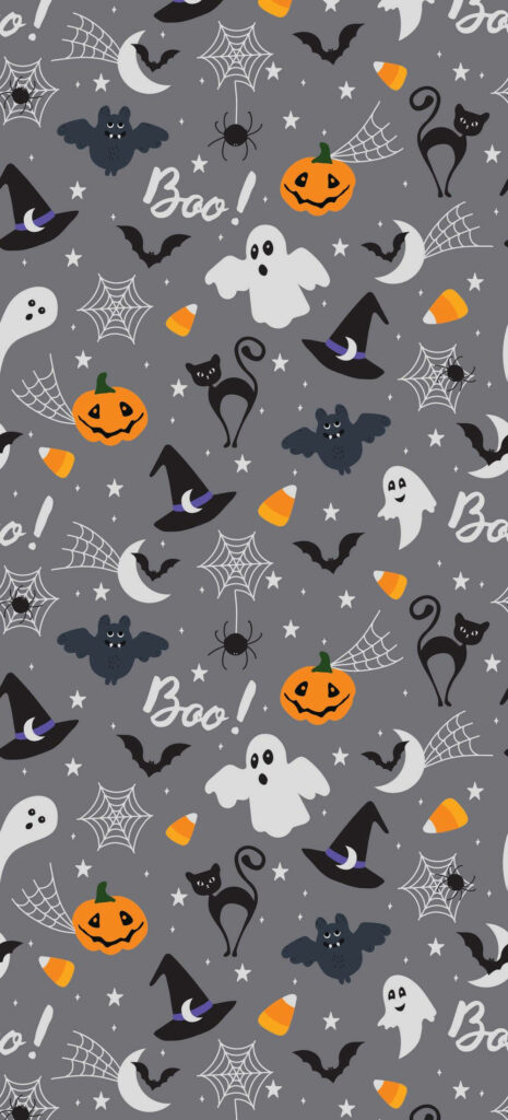 Ghoulish Delight: A Spooky Halloween Phone Background Overflowing with Ghostly Spirits, Pumpkin Patches, Bewitching Bats, Creepy Cobwebs, Sneaky Black Cats, and Enchanted Witch Hats against a Mysterious Gray Canvas Wallpaper