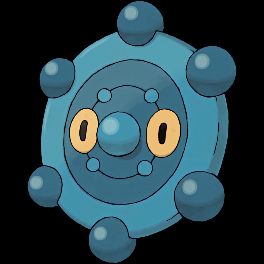 Giant Bronzor Pokémon wallpaper vibrant blue and yellow steel psychic type on white background
