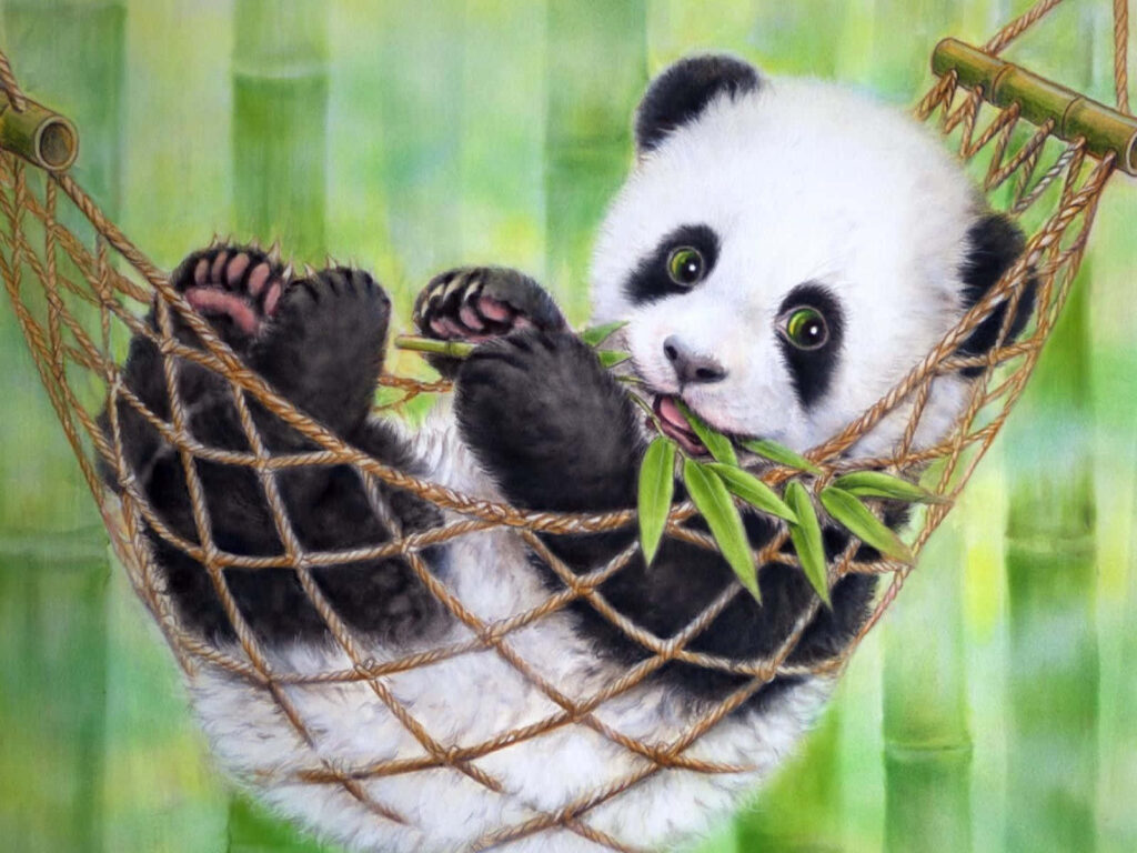 Charming Panda Wallpaper: Relaxing on Hammock in Lush Bamboo Forest