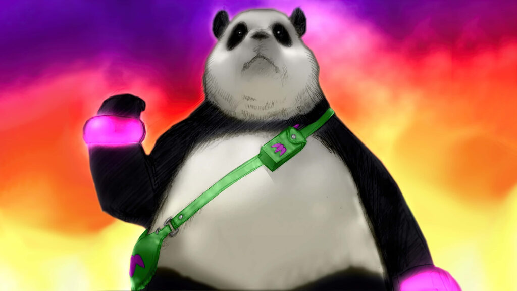 Whimsical Panda with Green Bag on Colorful Purple, Pink, & Orange Background Wallpaper