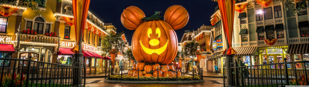 Ghoulishly Grand: Pumpkin-Powered Mickey Mouse Sculpture Enthralling at Disneyland's Halloween Spectacular – Perfect Dual Screen Background! Wallpaper