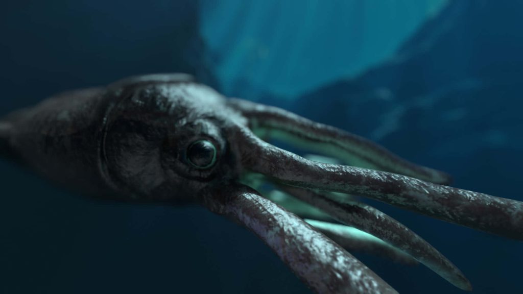CGI 3D giant squid with textured skin and large eye gliding in deep dark blue ocean wallpaper