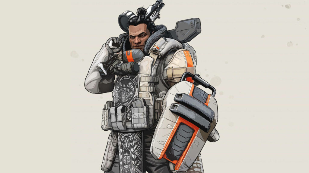 Gibraltar from Apex Legends in tactical armor holding shield ready for battle on clean background Wallpaper