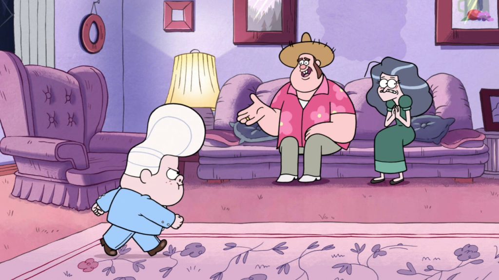 Gravity Falls animated wallpaper Gideon Gleeful confronts parents Bud and Mrs Gleeful in living room