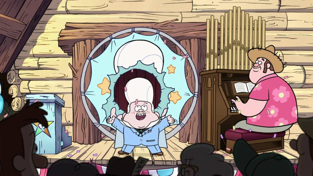 Gideon Gleeful in blue suit jumps through hoop on animated Gravity Falls stage wallpaper background