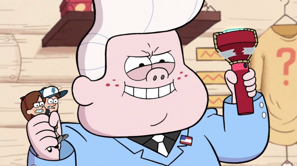 Gideon Gleeful from Gravity Falls holding Dipper and Mabel figures with glowing device wallpaper