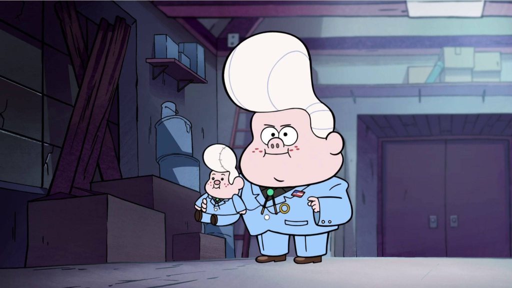 Gideon Gleeful from Gravity Falls holding a plush toy in a moody blue-toned room wallpaper