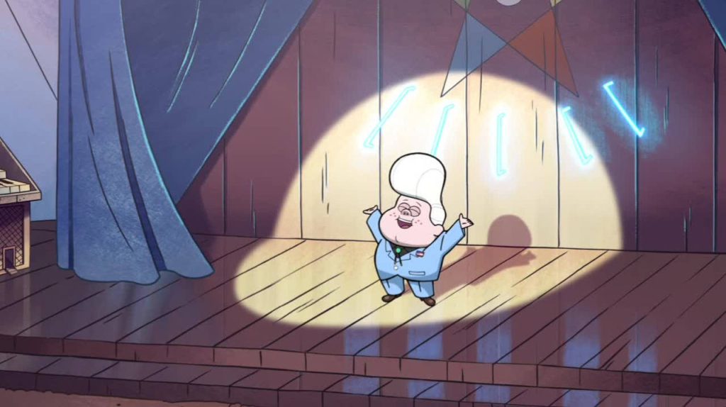 Gravity Falls wallpaper with Gideon Gleeful spotlighted in blue suit on wooden stage background