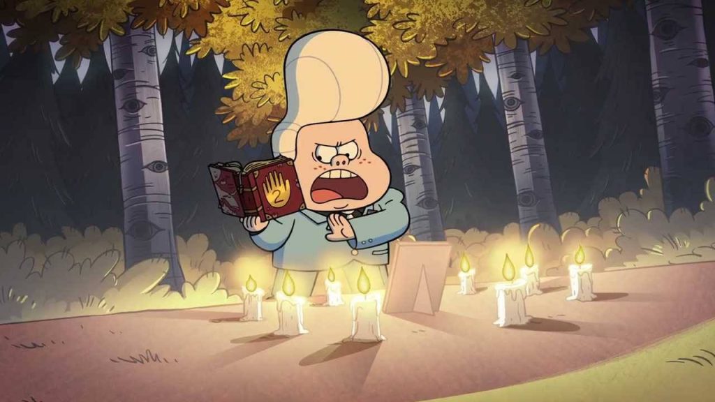 Gideon Gleeful summoning ritual with Journal 2 in eerie Gravity Falls forest at night wallpaper