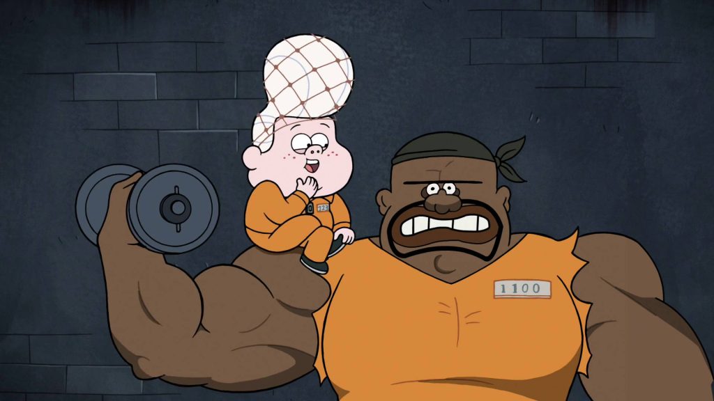 Gideon Gleeful on shoulder of muscular inmate in orange jumpsuits Gravity Falls wallpaper exercise