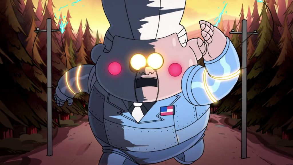 Gideon-Bot mech suit with glowing eyes charging through pine forest Gravity Falls wallpaper