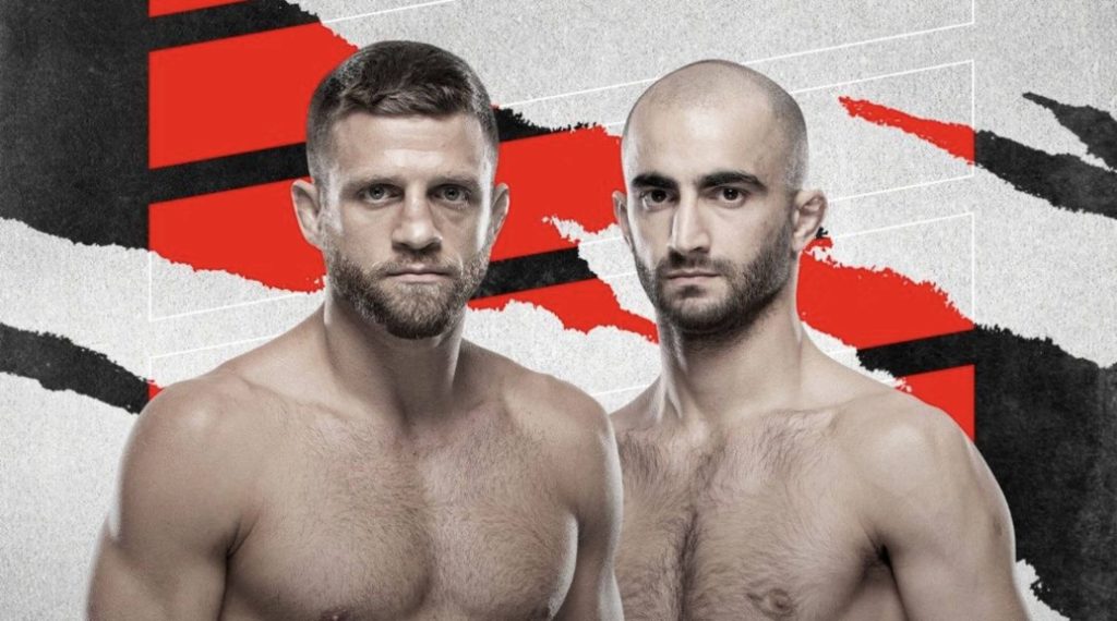 UFC fighters Giga Chikadze and Calvin Kattar intense MMA portrait with red black white background Wallpaper