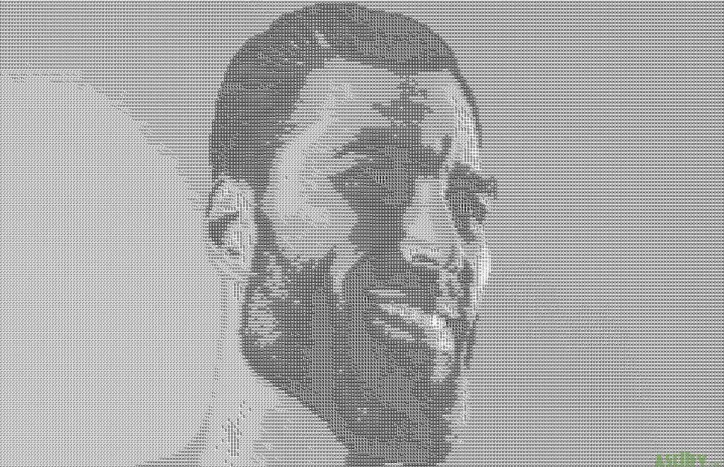 Monochrome ASCII art of GigaChad with sharp jawline minimalist digital portrait wallpaper