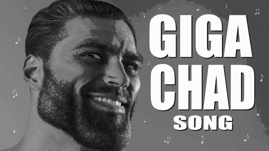 GigaChad meme wallpaper featuring Ernest Khalimov with chiseled face smirk and music notes