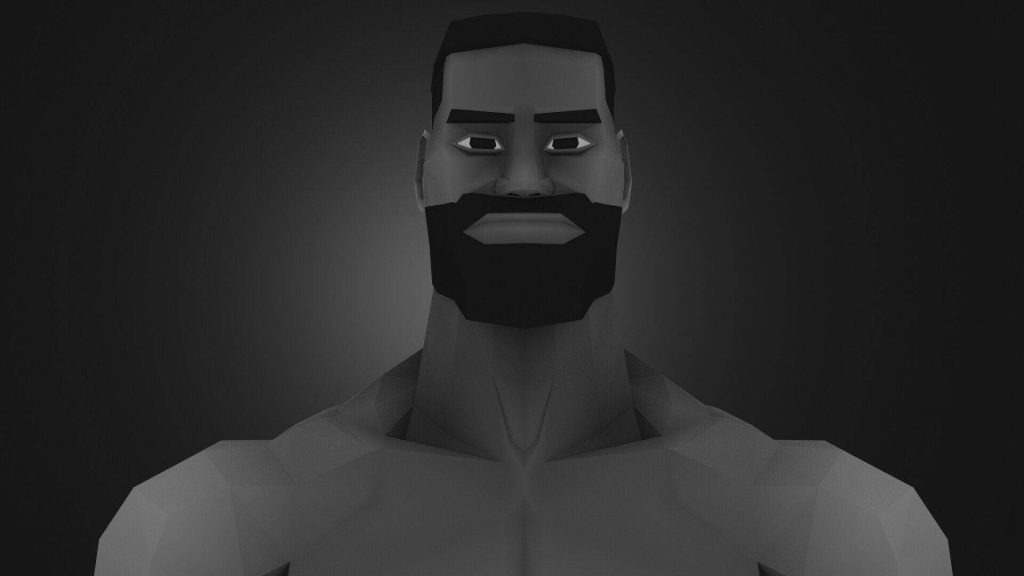 Low-poly 3D Lego-style GigaChad grayscale portrait with geometric jawline and moody background Wallpaper